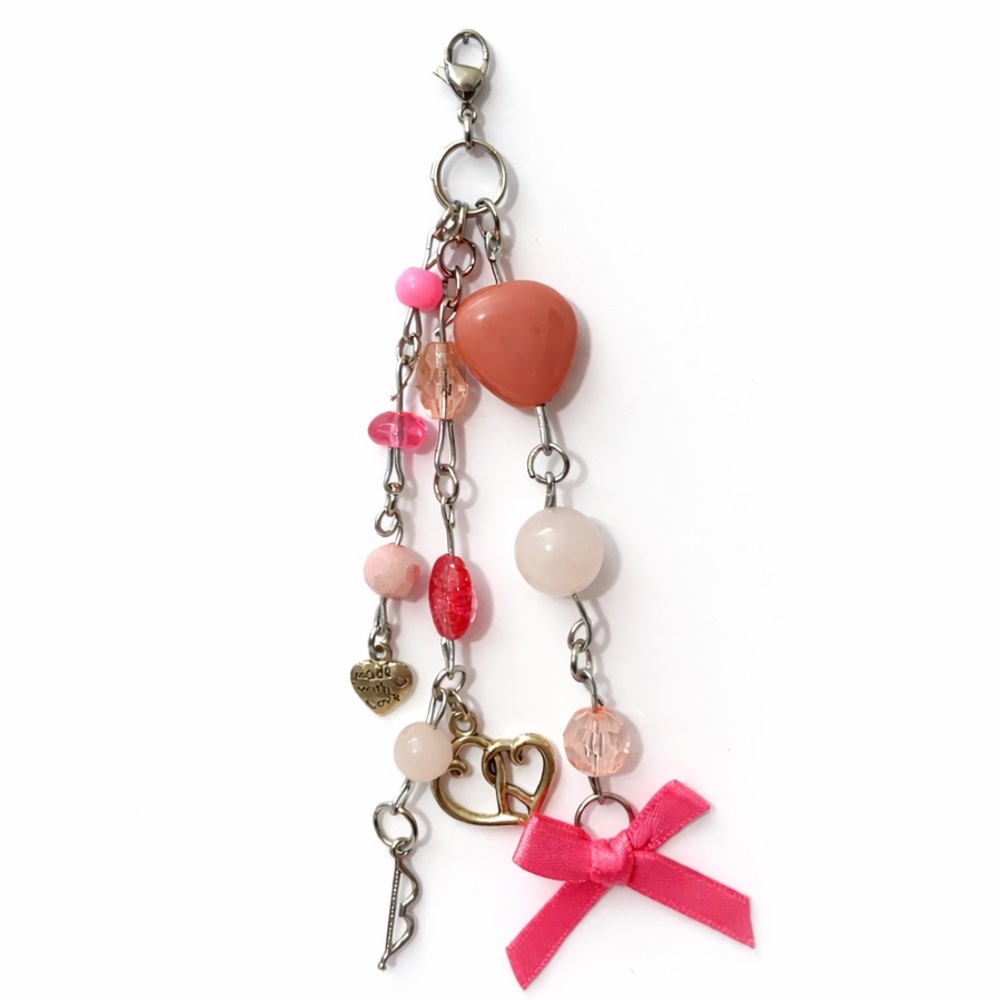 Pink Heart Bow Beaded Charm -  Bag Charm Keychain Zipper Pull Cute Y2K Coquette